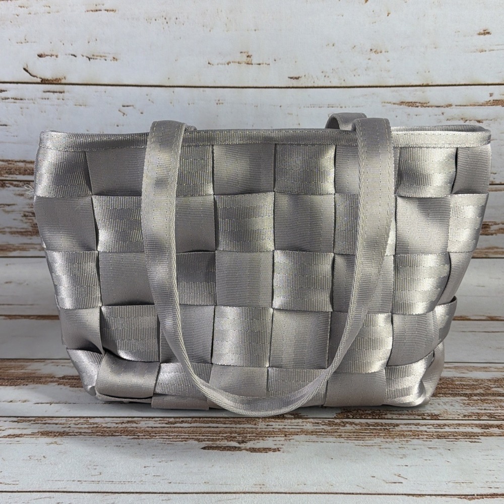 Harveys Original Seatbelt Bag Woven Shoulder Tote Handbag Gray Used Stained - Picture 4 of 11